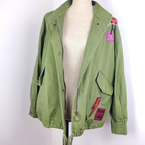 BASIC house women floral embroidred patch khaki green jacket size XS - Picture 5 of 16